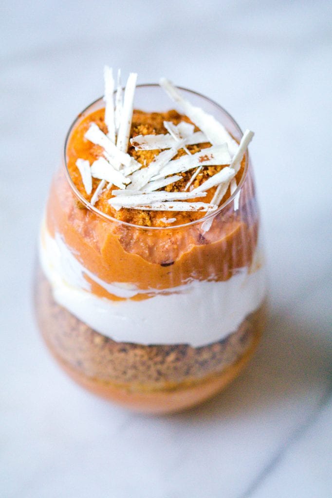 pumpkin parfait in a stemless wine glass