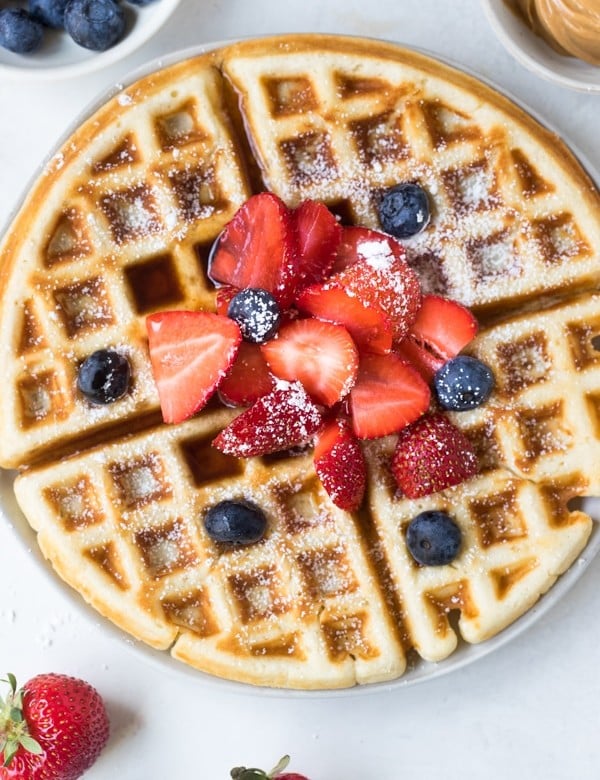buttermilk waffles on a white plate