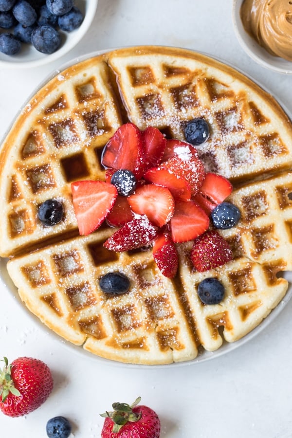 buttermilk waffles on a white plate