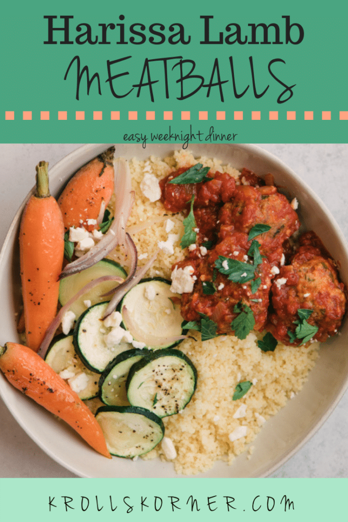 harissa meatballs with veggies and couscous in a white bowl