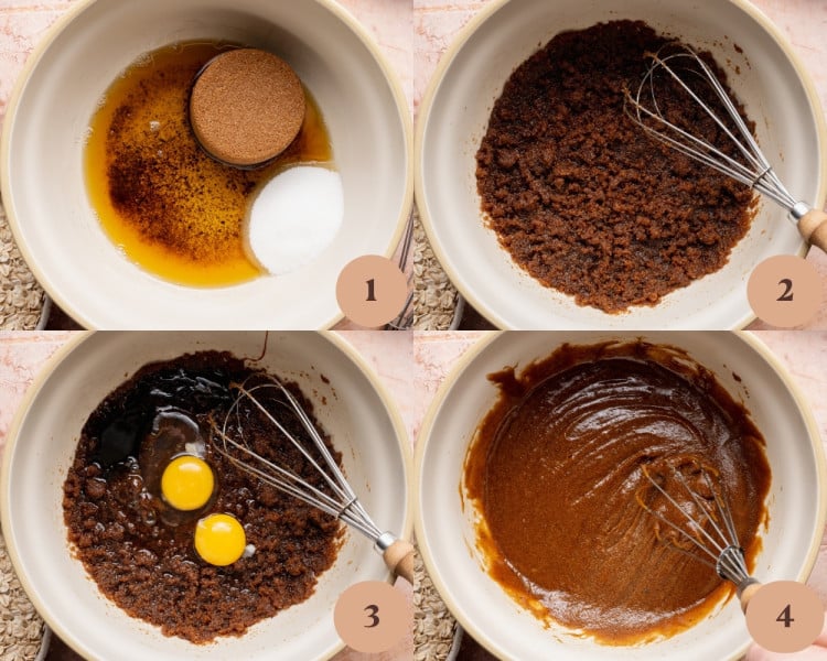 Brown sugar and granulated sugar added to the bowl of browned butter and spices, beginning to be whisked together into a thick, sandy mixture.