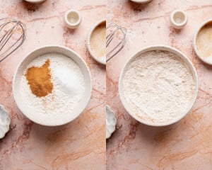 Eggs added to the brown butter and sugar mixture in a large bowl, with a whisk resting inside as the ingredients are about to be mixed.