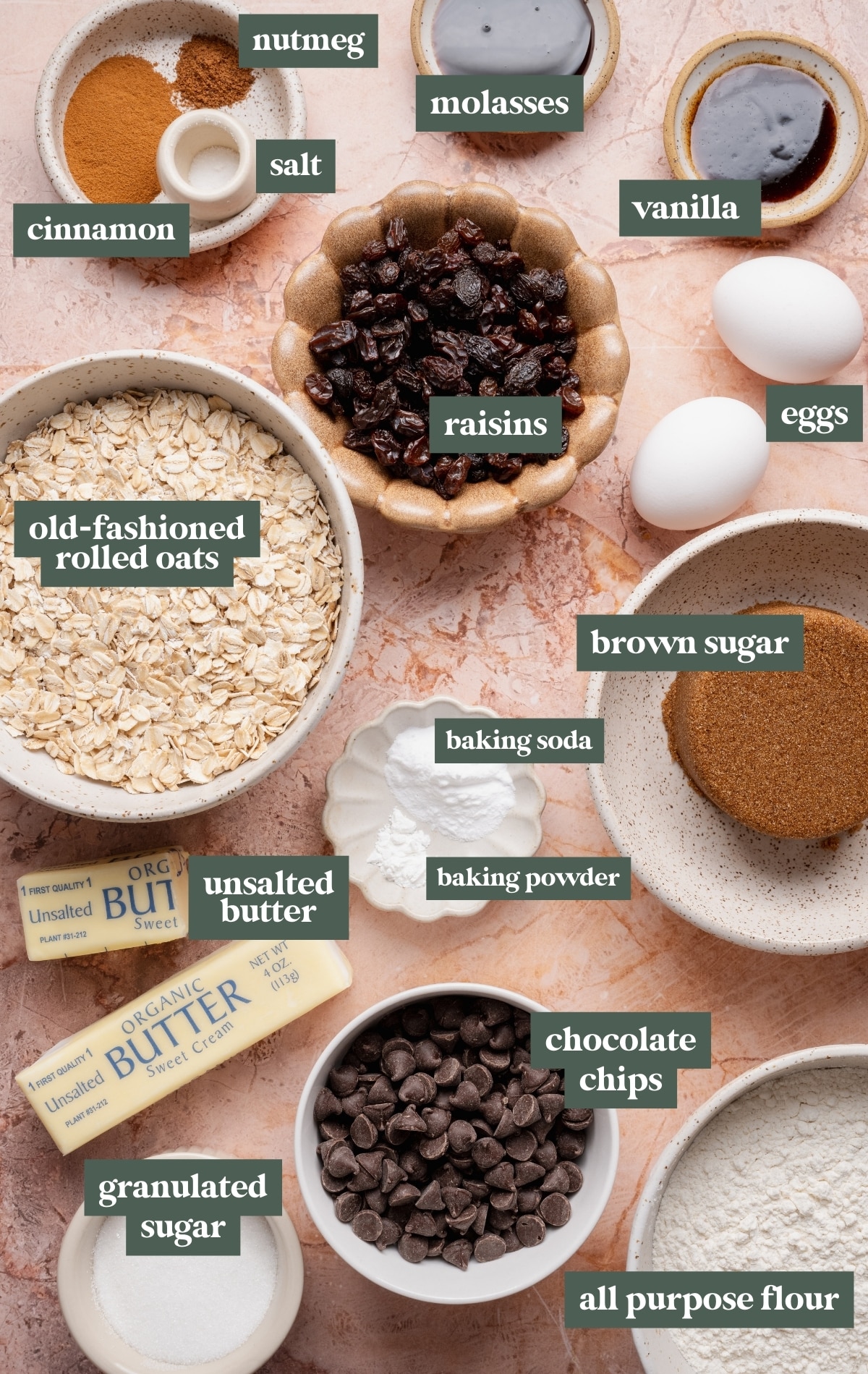 A flat lay of labeled ingredients for an oatmeal raisin chocolate chip cookie skillet, including old-fashioned rolled oats, raisins, brown sugar, granulated sugar, unsalted butter, eggs, all-purpose flour, cinnamon, nutmeg, baking soda, baking powder, vanilla, molasses, salt, and chocolate chips arranged on a light background.