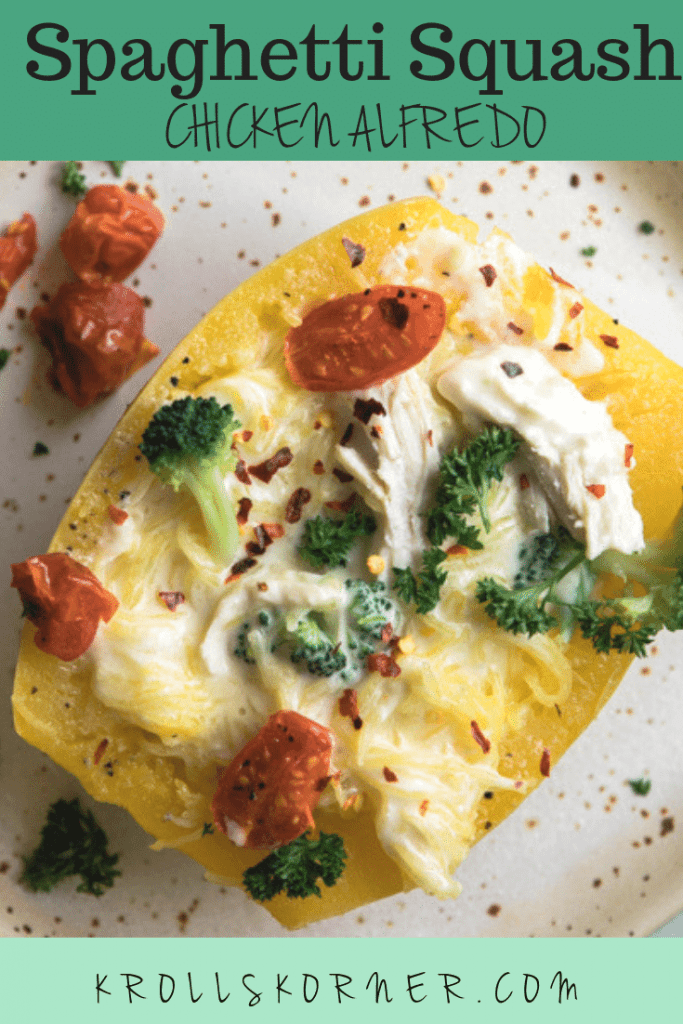 spaghetti squash filled with chicken and alfredo sauce