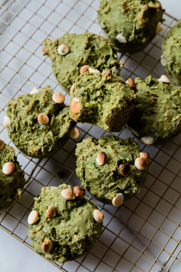 matcha muffins on a cooling rack