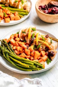 chicken on a white plate with veggies, cranberries and apricots