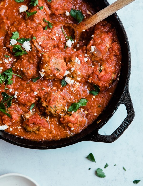meatballs in a lodge cast iron skillet