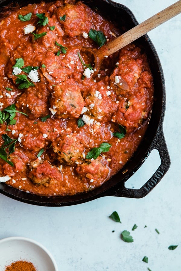 meatballs in a lodge cast iron skillet