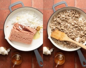 Raw ground turkey, chopped onion, garlic, and olive oil in a skillet on the left; on the right, turkey and onion cooked and browned with a wooden spatula.