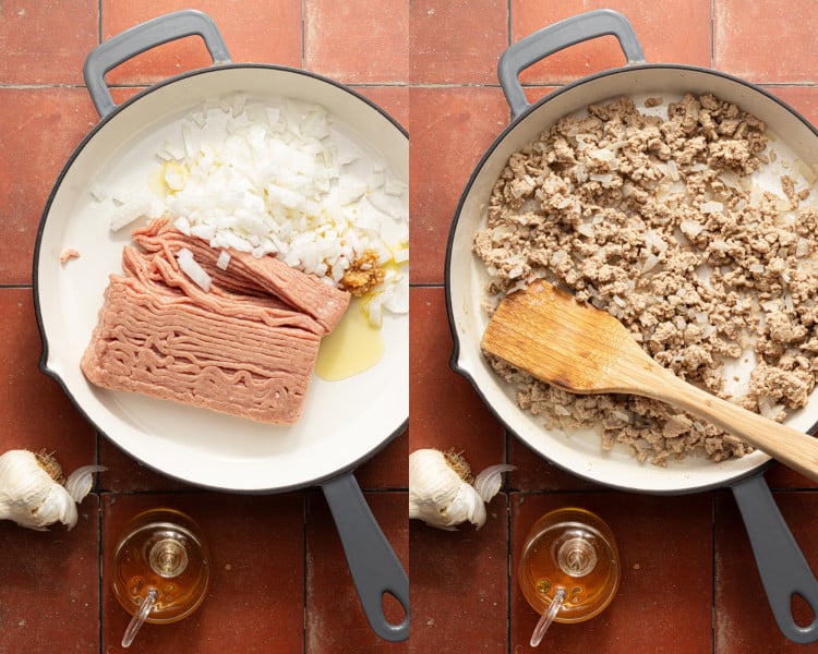 Raw ground turkey, chopped onion, garlic, and olive oil in a skillet on the left; on the right, turkey and onion cooked and browned with a wooden spatula.