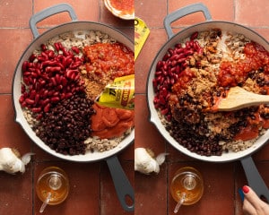 Skillet filled with ground turkey, kidney beans, black beans, salsa, tomato soup, and taco seasoning packet contents, ready to be stirred together.