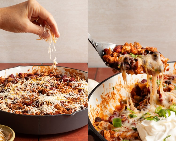 Left image shows shredded cheese being sprinkled over the cooked taco skillet mixture; right image shows a spoonful of cheesy taco skillet being lifted with melted cheese stretching.