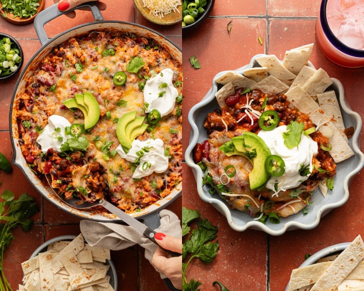Side-by-side images of the finished cheesy taco skillet in the pan topped with avocado, sour cream, and cilantro, next to a plated serving with tortilla chips and toppings.