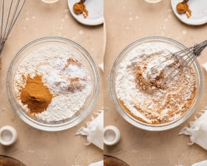 Dry ingredients for carrot cake muffins including flour, cinnamon, baking powder, baking soda, nutmeg, and salt in a bowl before and during whisking.