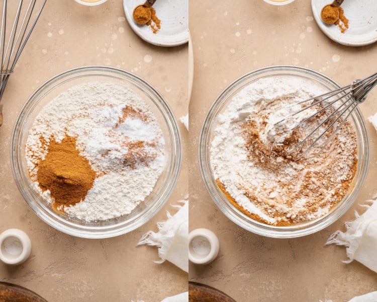 Dry ingredients for carrot cake muffins including flour, cinnamon, baking powder, baking soda, nutmeg, and salt in a bowl before and during whisking.
