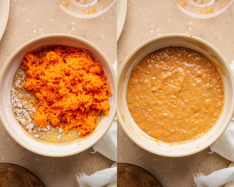 Freshly grated carrots added to muffin batter and folded in until evenly combined.