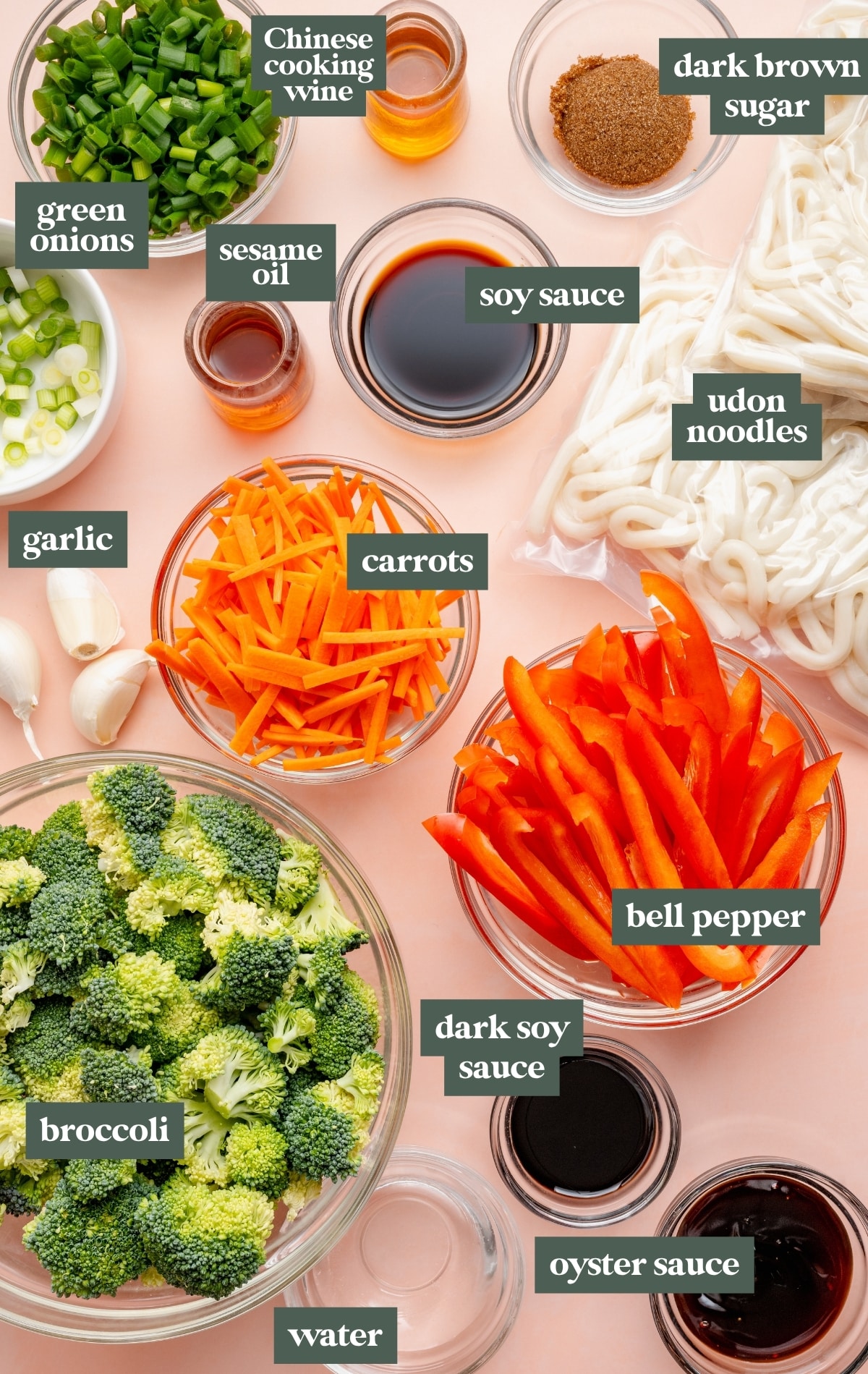Overhead image of ingredients for sesame udon noodles arranged on a light surface, including fresh udon noodles, broccoli florets, sliced red bell pepper, julienned carrots, green onions, garlic, soy sauce, dark soy sauce, oyster sauce, sesame oil, Chinese cooking wine, dark brown sugar, and water, each labeled.
