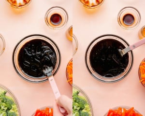 Overhead collage of a dark sesame sauce being whisked together in a glass bowl with a small whisk until smooth and glossy.