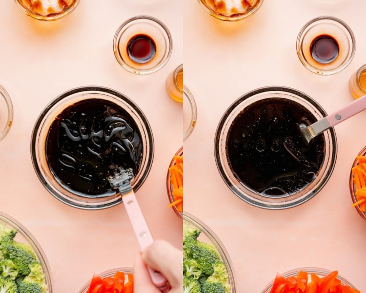 Overhead collage of a dark sesame sauce being whisked together in a glass bowl with a small whisk until smooth and glossy.