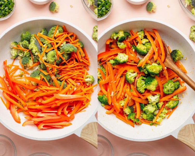 Sliced red bell peppers, julienned carrots, and broccoli florets added to the skillet and saut&eacute;ed until slightly tender.
