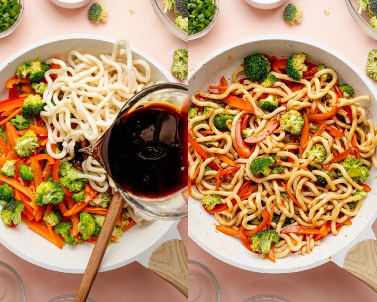 Cooked udon noodles and prepared sauce added to the saut&eacute;ed vegetables in the skillet.