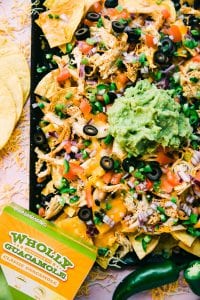 sheet pan nachos with chicken and guacamole