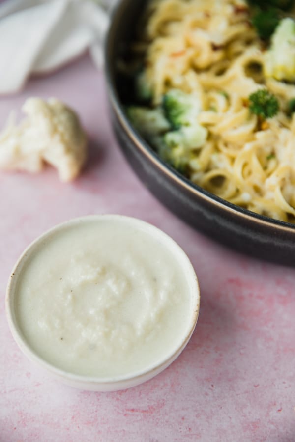 cauliflower sauce in a white bowl