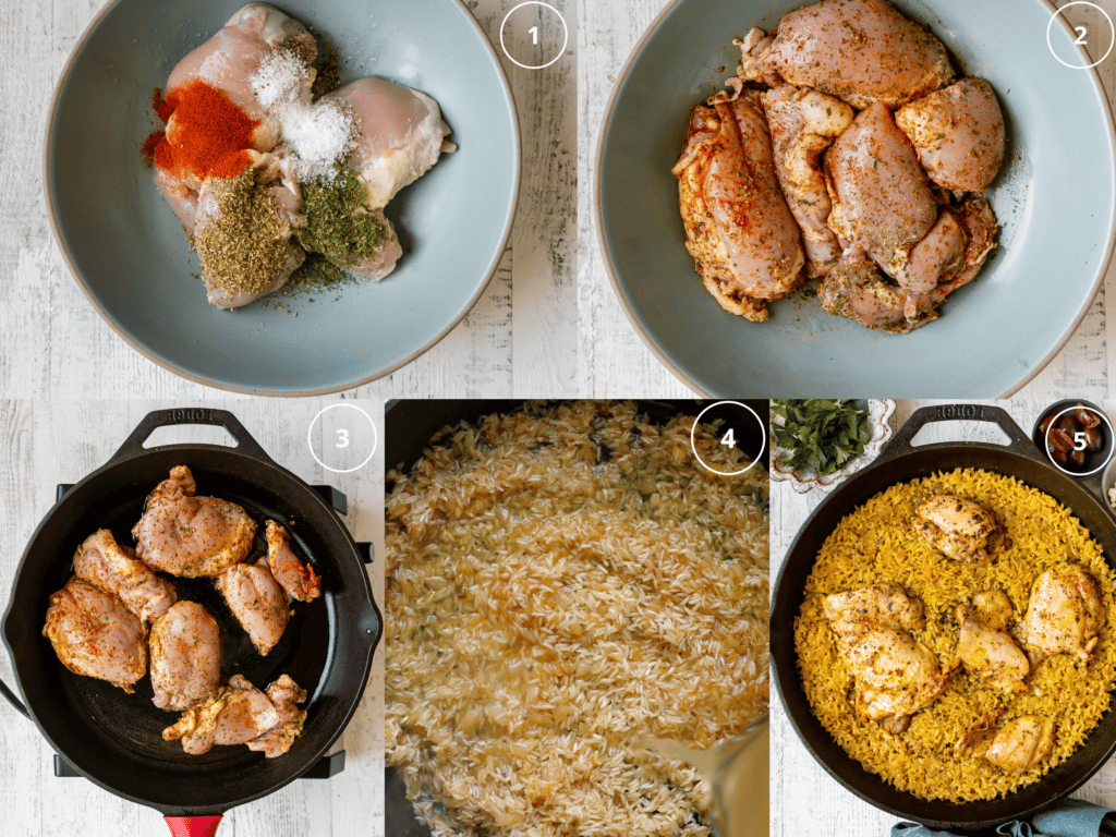 step by step photos making chicken and rice in a cast iron
