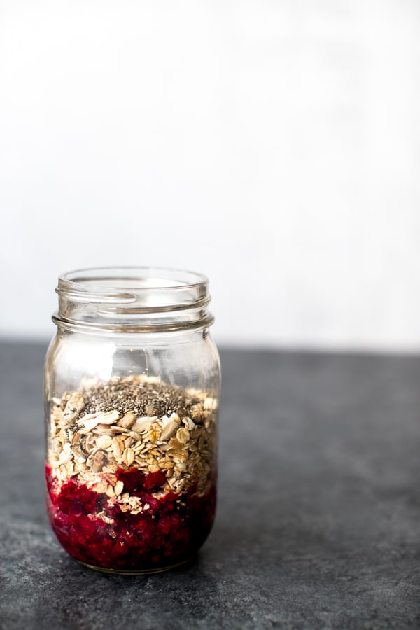 Muesli Raspberry overnight oats in a mason jar