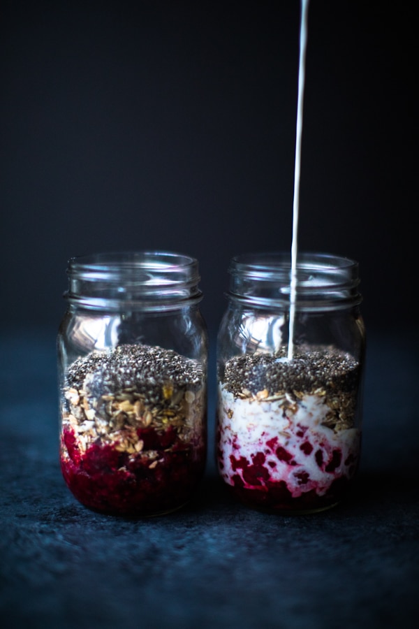 Muesli Raspberry overnight oats in a mason jar