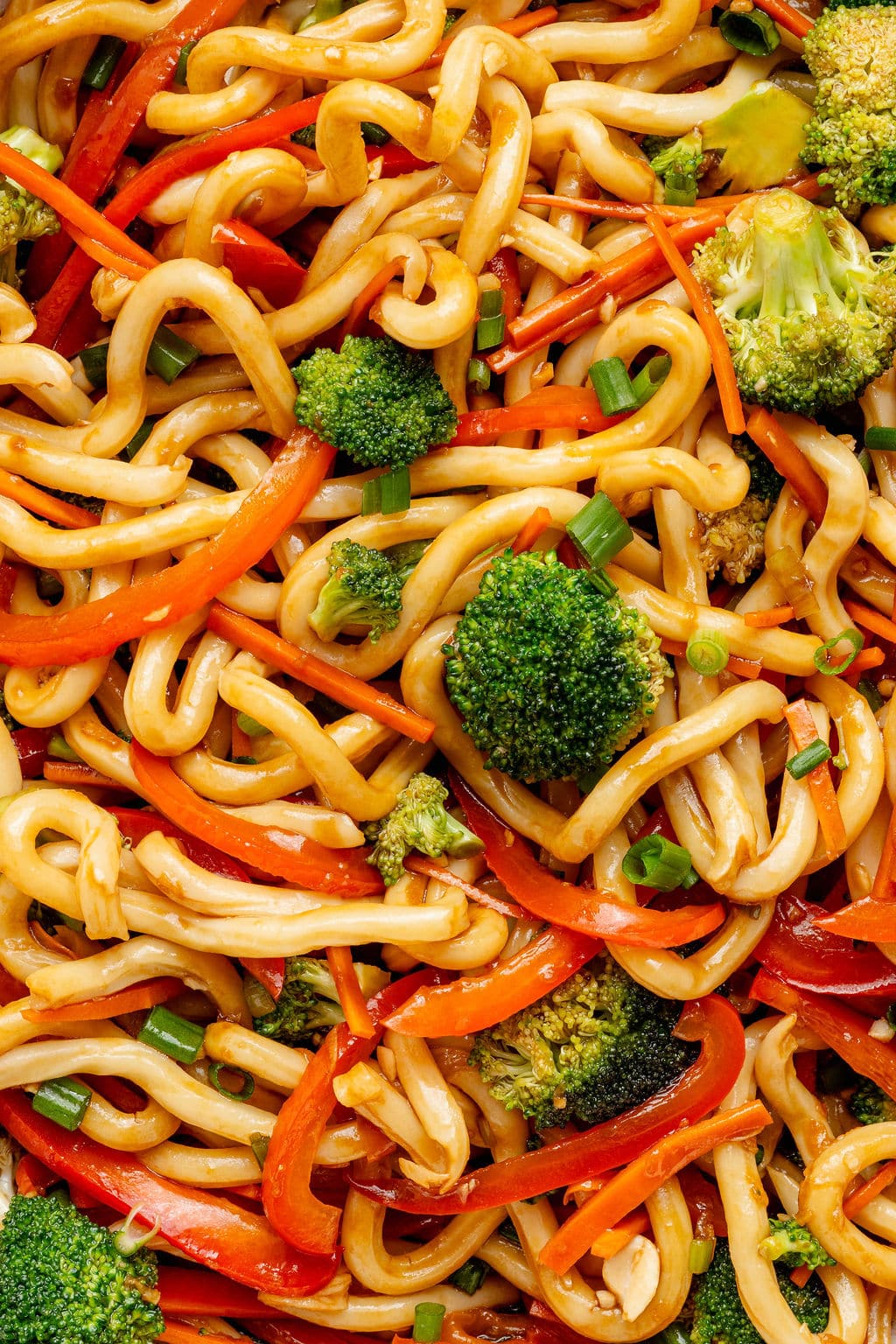 Close-up image of glossy udon noodles coated in sesame sauce with broccoli florets, thinly sliced carrots, red bell peppers, and green onions, showing texture and sheen of the sauce.