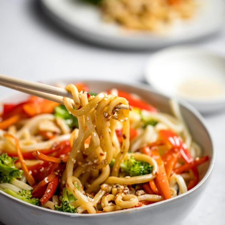 udon noodles being eating from a white bowl with chopsticks