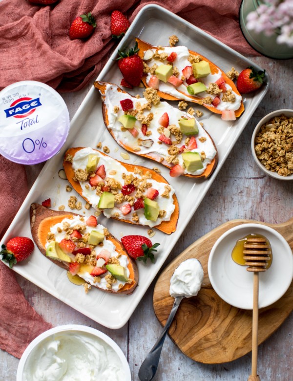 yogurt on sweet potato toast with avocado and strawberries