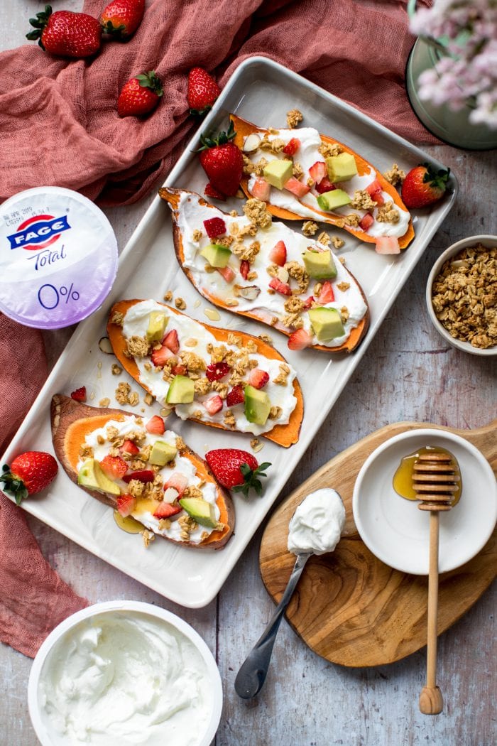 yogurt on sweet potato toast with avocado and strawberries