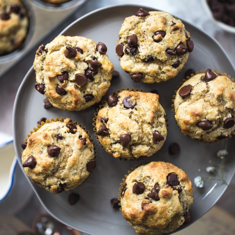 almond flour chocolate chips muffins on a plate