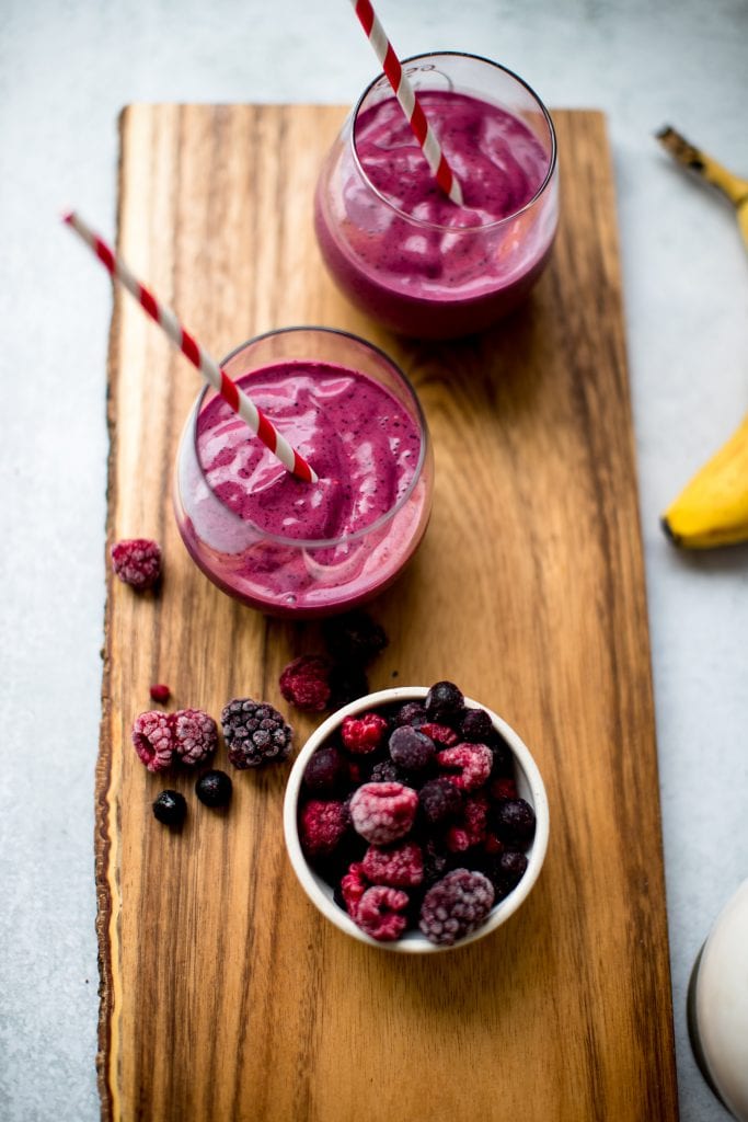 blueberry smoothie on a wood board