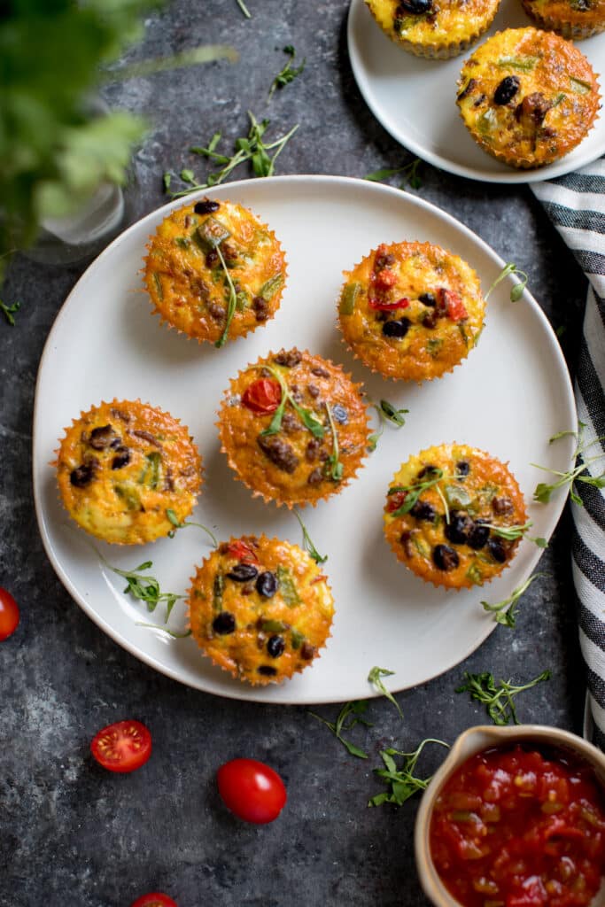 egg taco breakfast muffins on a white plate