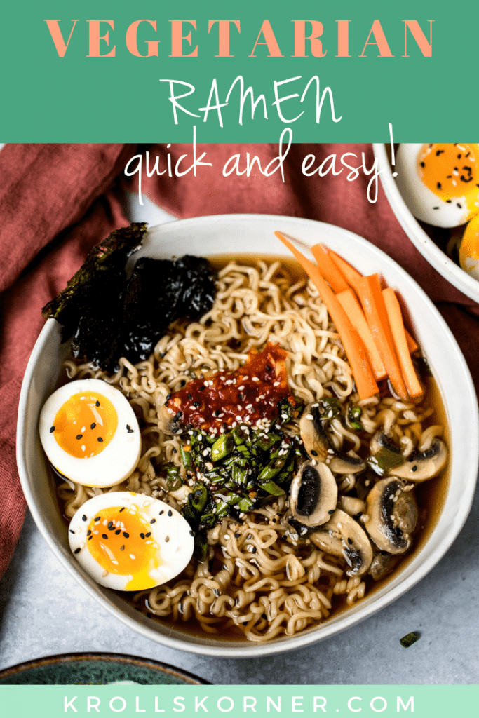 ramen noodles in a bowl with soft boiled eggs, carrots, mushrooms, and broth