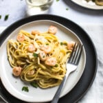 shrimp scampi on a white plate