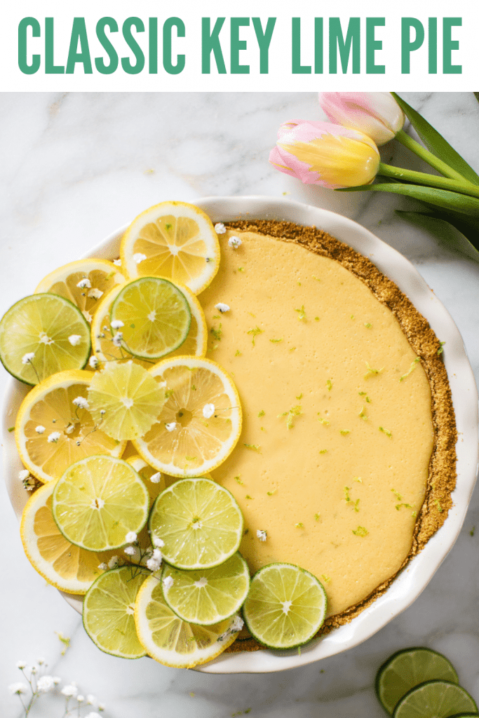 key lime pie in a white pie pan