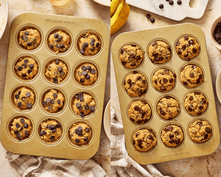 Side-by-side of almond flour chocolate chip muffins poured into prepared muffin tin then baked.