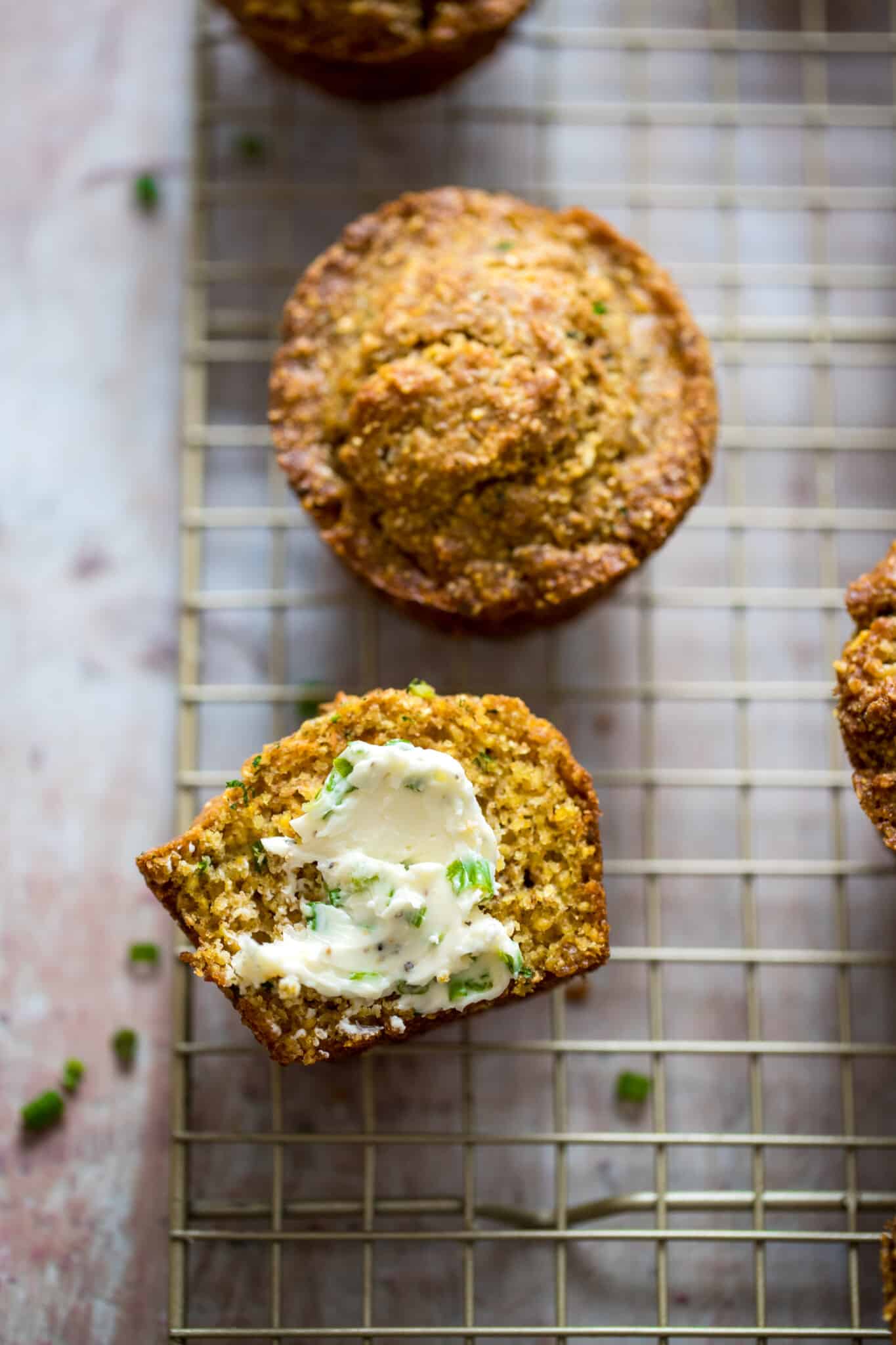 cornbread muffin on a cooling rack