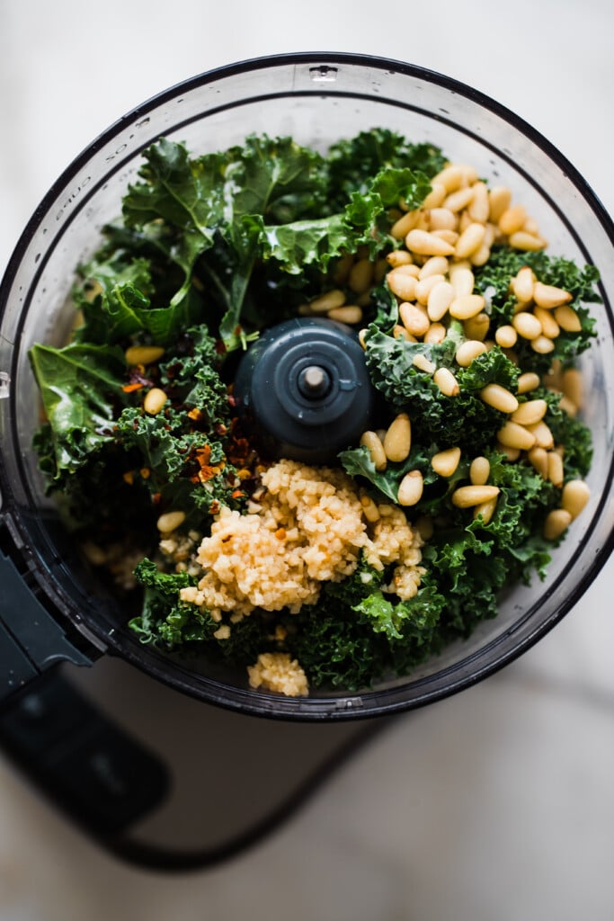 kale, pine nuts and garlic in a food processor 