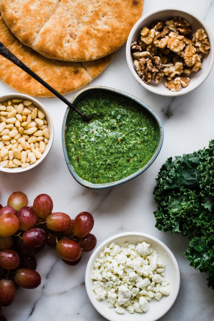 kale pesto in a blue bowl