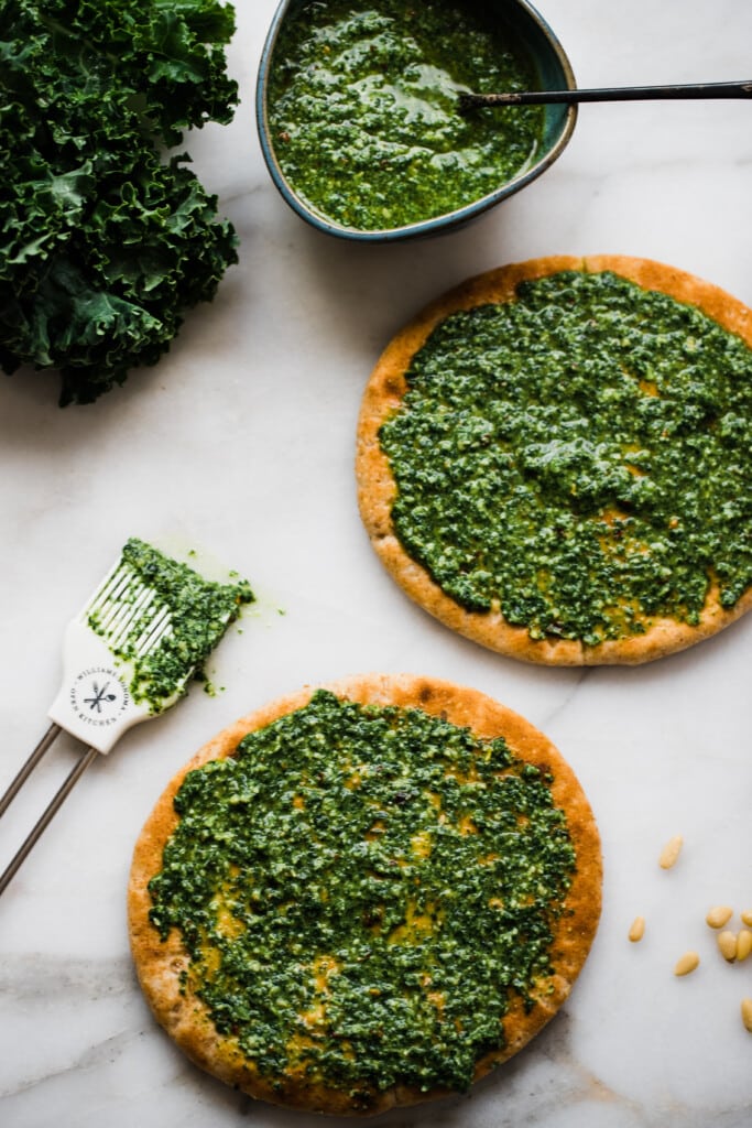 kale pesto on pita bread