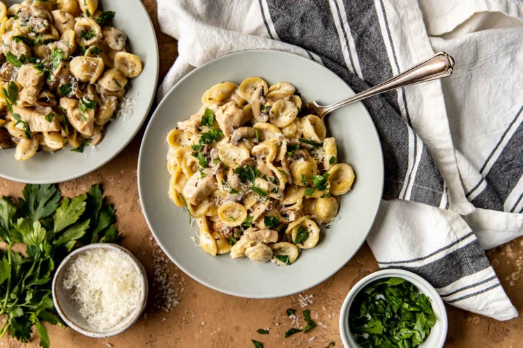 gray plate with chicken marsala pasta and fork