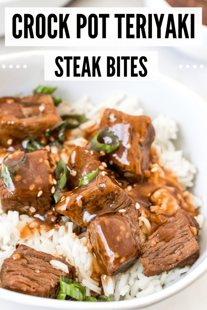 teriyaki slow cooker steak bites in a white bowl with rice