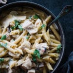 chicken and penne noodles in a bowl