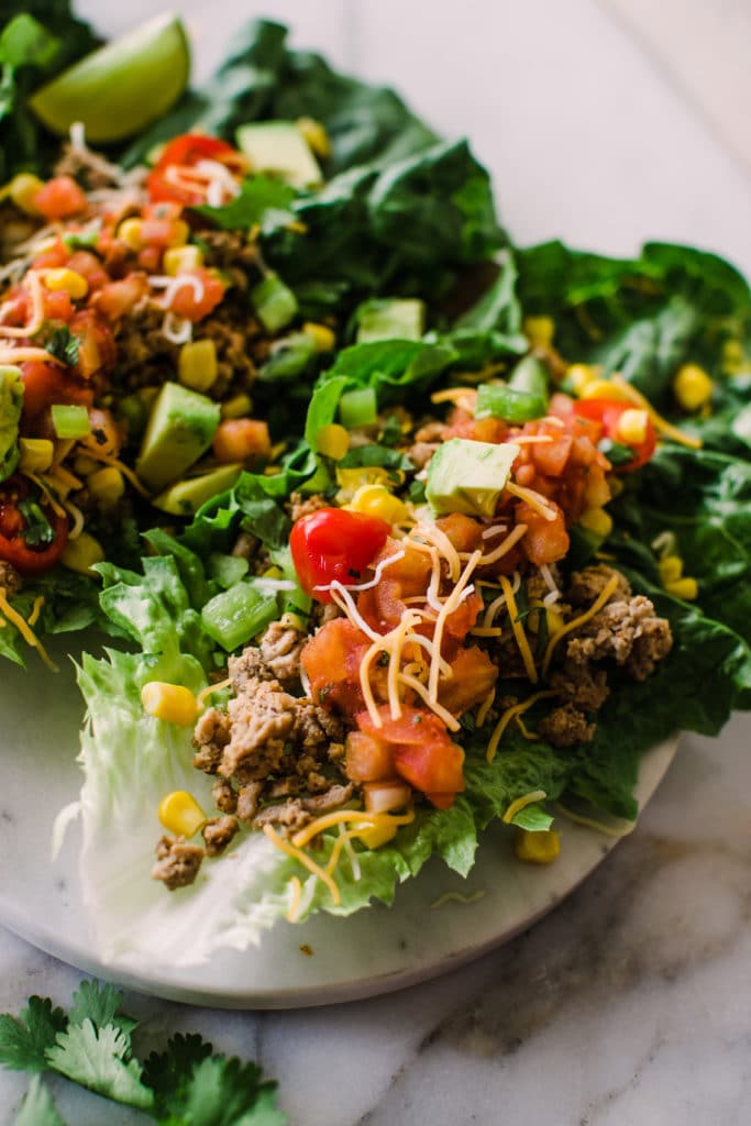 taco lettuce wraps on a marble board