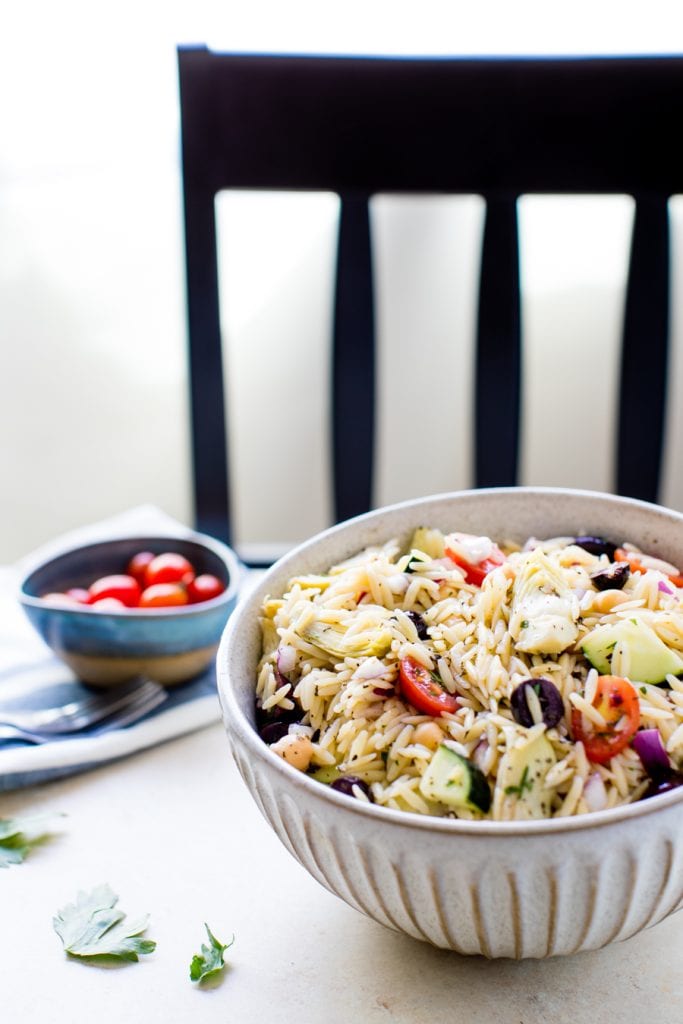 Cold Orzo pasta salad with a Mediterranean Vinaigrette